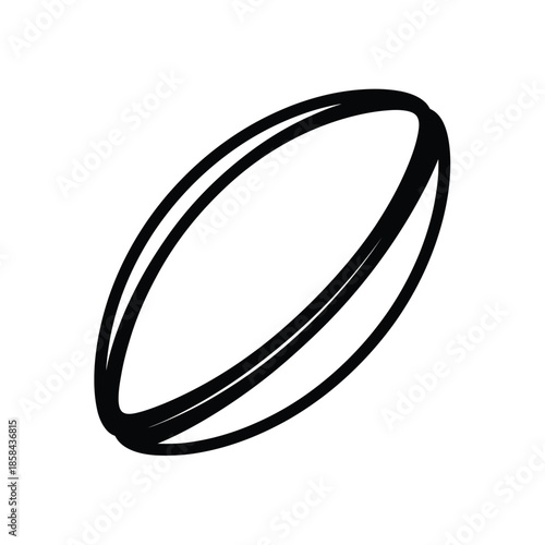 a simple black and white line drawing depicts an oval shaped rugby ball isolated on a plain white background with minimal