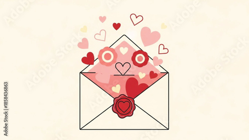 An open white envelope with a red wax seal, overflowing with various red and pink hearts and floral elements, symbolizing love and romantic messages.