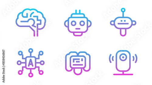 Collection of AI and robotics icons including brain robot heads and circuits in a modern gradient style for technology concepts