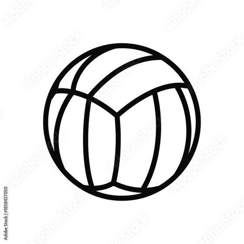 a simple black and white line drawing depicts a round volleyball with clearly defined panels and curved sections showcasing the sport