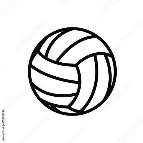A simple black and white illustration depicts a round volleyball with clearly defined panels and curved lines showing a sporty design