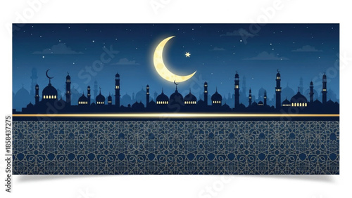 Islamic night cityscape with crescent moon, stars, mosque silhouettes, and decorative pattern for Ramadan or Eid greetings.