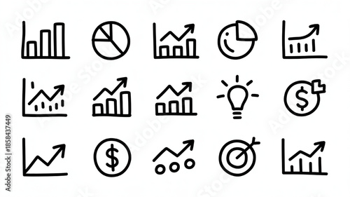 Hand-drawn financial growth and analysis icons including charts graphs and money symbols perfect for business presentations and web design
