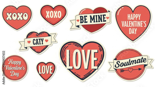 A collection of red heart-shaped and circular stickers with romantic messages like 'XOXO', 'BE MINE', 'LOVE', 'Soulmate', and 'Happy Valentine's Day' on a white background.