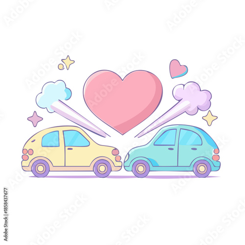 Cute cartoon vector illustration of two pastel cars crashing into each other creating a big pink heart symbolizing love at first sight and unexpected romantic connection.