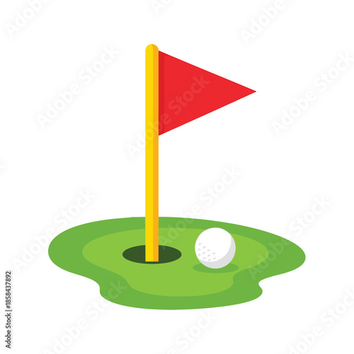 a simple illustration depicts a vibrant red golf flag positioned on a green course next to a white golf ball