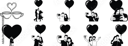 Black and white couples taking selfies with heart balloons and coffee cups