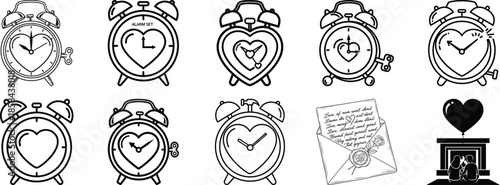 Black and white alarm clocks with heart shapes and romantic love romance