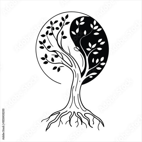 Yin Yang Tree with Opposite Roots in Black and White – Symbol of Balance and Harmony