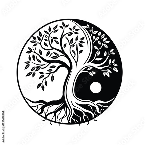 Yin Yang Tree with Opposite Roots in Black and White – Symbol of Balance and Harmony