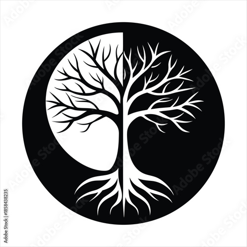 Yin Yang Tree with Opposite Roots in Black and White – Symbol of Balance and Harmony