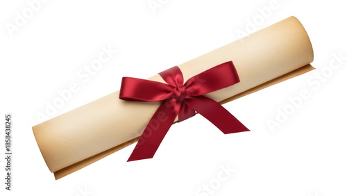 Isolated Diploma certificate scroll tied with a red ribbon on a diploma paper degree award