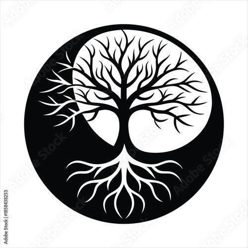 Yin Yang Tree with Opposite Roots in Black and White – Symbol of Balance and Harmony
