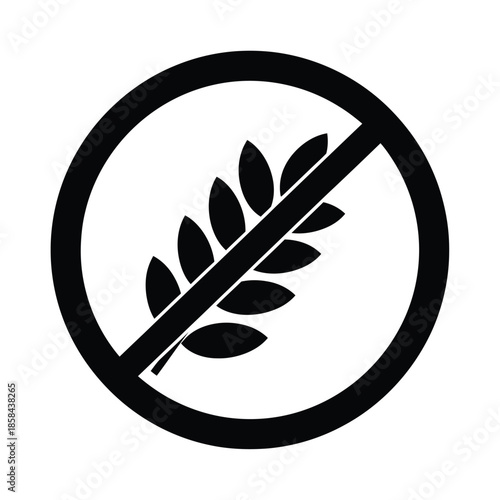 a black and white image depicts a circular prohibition symbol featuring a wheat stalk crossed with a diagonal line representing a