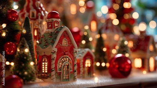 Wallpaper Mural Glowing ceramic Christmas house decoration surrounded by festive red ornaments and miniature trees Torontodigital.ca