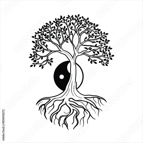 Yin Yang Tree with Opposite Roots in Black and White – Symbol of Balance and Harmony
