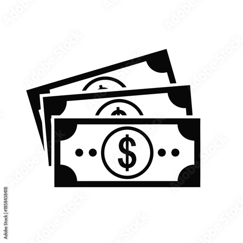 A simple black and white illustration depicts several stacks of united states dollar bills showcasing financial wealth and economic concepts visually