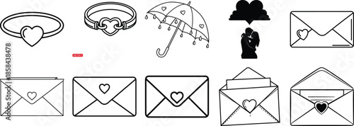 Black and white line of bracelets, umbrella, couple, and envelopes with hearts ring
