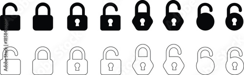 Set of black and white padlock icons representing security, access, and locked or unlocked status for digital or physical safety, providing access control