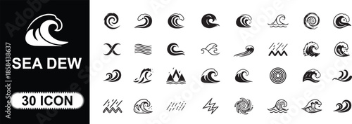 Vast collection of dynamic stylized ocean wave vector icons, showcasing flowing water and powerful sea currents, perfect for marine and aquatic themed graphic designs