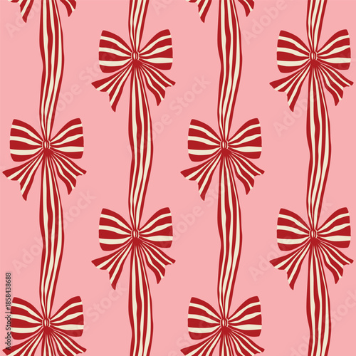 Red and pink coquette bows, hand drawn ribbons seamless pattern. Cute vertical striped repeat background, print, Christmas holiday wallpaper, textile design, wrapping paper, fashion, fabric.
