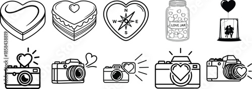 Black and white of hearts, cakes, compass, love jar, and cameras