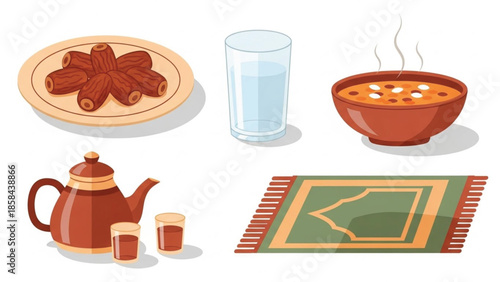 A collection of traditional items for a meal, including dates, water, soup, tea, and a prayer mat, often associated with Ramadan.