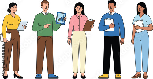 Business team illustration, diverse professionals holding documents tablets, corporate office staff collaboration, modern flat vector characters design, style people work