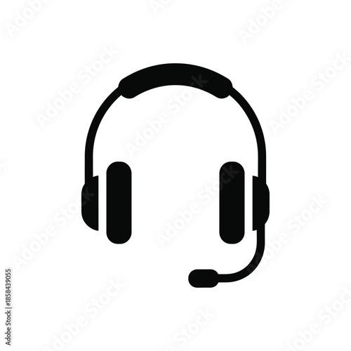 a simple black and white graphic illustration depicting a headset with a microphone commonly used for communication and gaming purposes