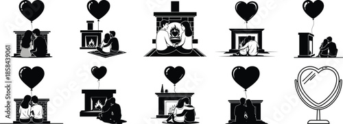 Couples embracing in front of fireplace with heart balloons and mirror