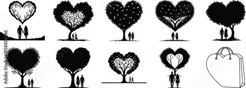 Silhouettes of couples under heart-shaped trees in black and white