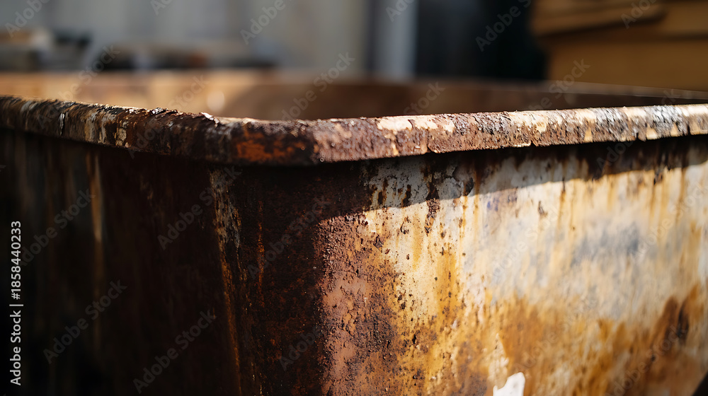 Fototapeta premium Close-up of a rusty rectangular container showing texture and decay, suggesting age and weathering. The interplay of light and shadow highlights the corroded surface.
