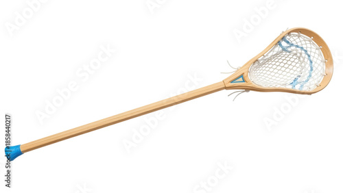 Foto Isolated wooden lacrosse stick with blue grip and accents, and white and blue netting