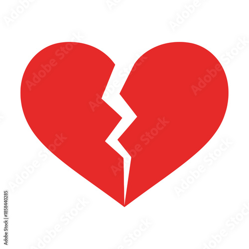 A vibrant red heart depicted in a graphic style is clearly fractured down the middle symbolizing heartbreak and loss high quality