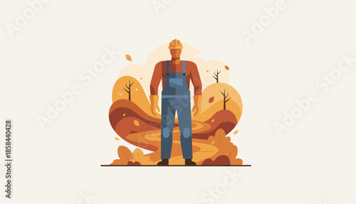 Manual laborer in hardhat and overalls against a warm autumn background