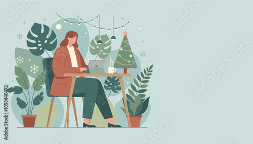 Remote work during winter holidays Woman uses laptop in cozy home office with festive plants