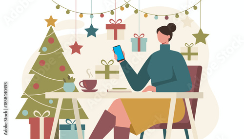 Woman uses phone at desk near a Christmas tree Flat vector illustration for holiday shopping or greetings