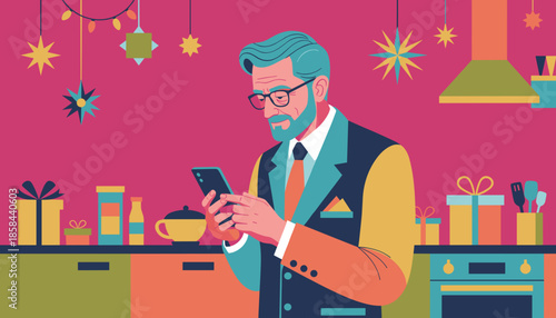 Stylish man uses a smartphone in a colorful decorated kitchen during holiday preparation