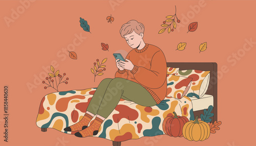 Young person relaxing on a bed in autumn browsing smartphone Cozy fall vector illustration
