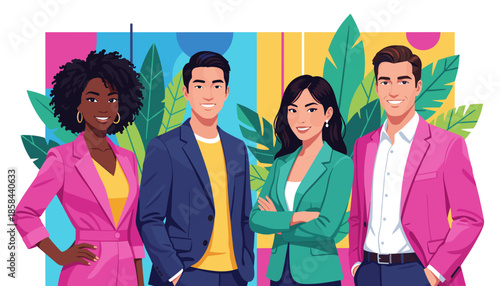 Diverse business team smiling brightly in colorful jackets against a tropical graphic background