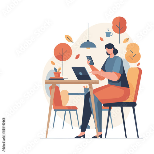 Woman multitasking working remotely with laptop and phone in a cozy autumn setting