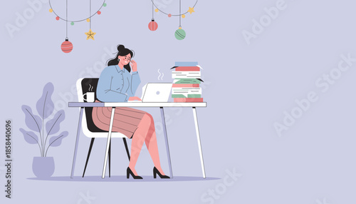 Stressed employee working through holiday deadlines Vector illustration depicting professional burnout and pressure