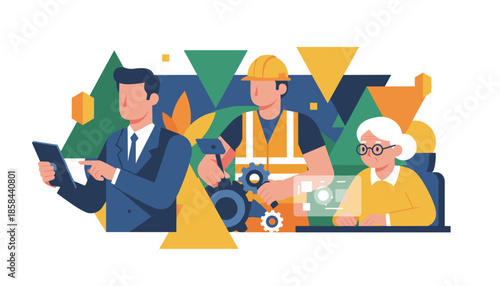 Diverse professionals generations and industries collaborating with technology