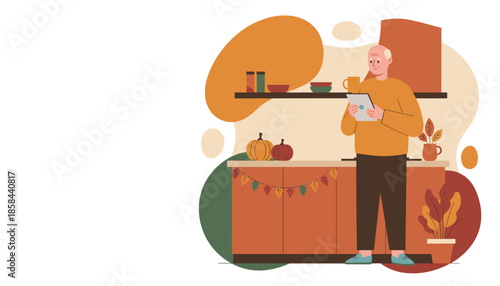 Senior man using tablet in kitchen with fall decor Home technology and cozy lifestyle