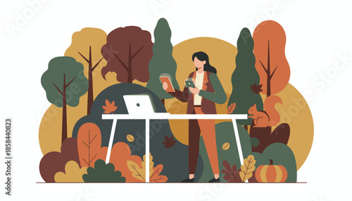 Productive remote work outdoors during autumn Woman multitasking with tech devices in the park