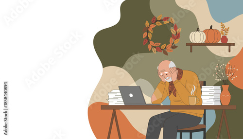 Stressed senior man overwhelmed by workload in an autumnthemed home office illustration