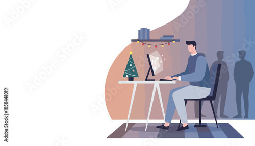 Digital worker busy during the holiday season Home office flat vector illustration