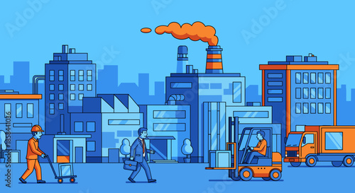Busy industrial city illustration depicting manufacturing logistics workers and a walking businessman