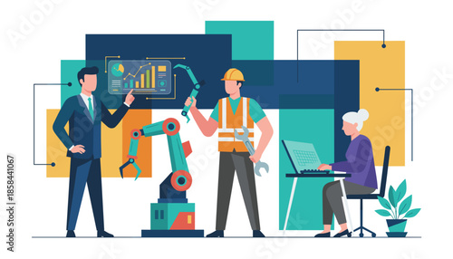 Management engineer and analyst team working with industrial robot automation and data analysis Industry 40 concept