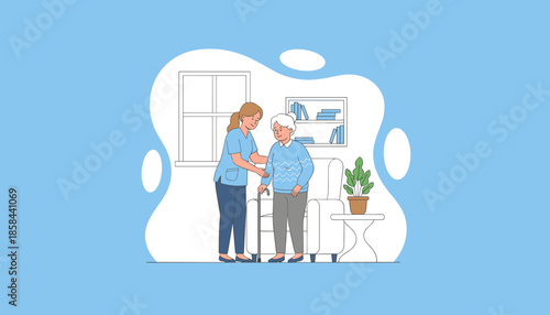 Professional caregiver assisting senior woman with a cane in a comfortable home environment